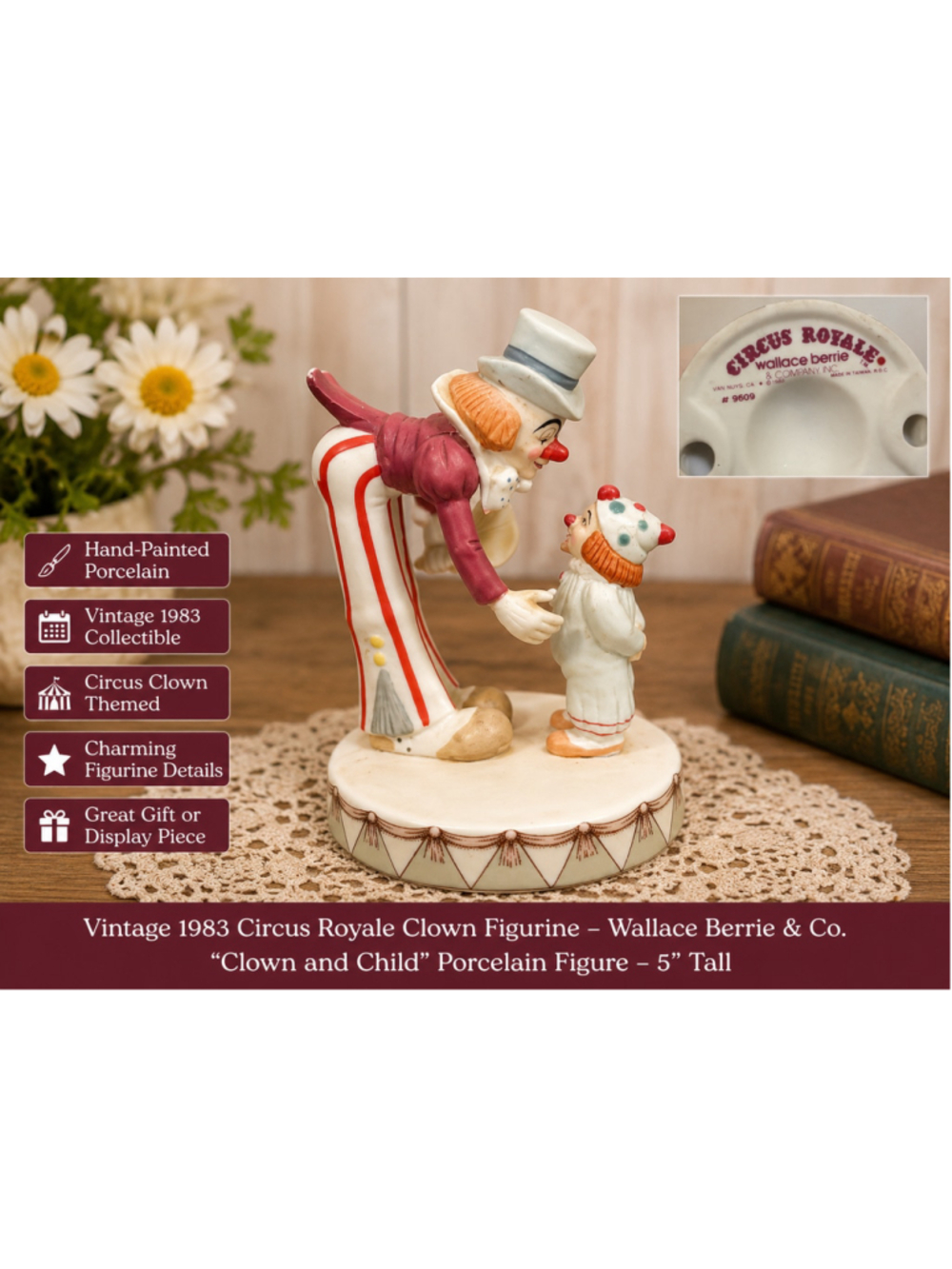 1983 Circus Royale Clown & Child Figurine Wallace Berrie Taiwan Porcelain 4.25”